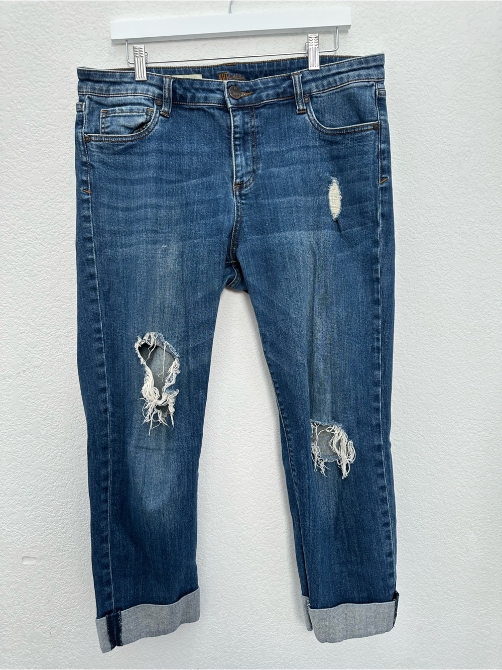 Kut from the Kloth Womens 14 Amy Ankle Straight Leg Jeans Distressed Cuffed Blue